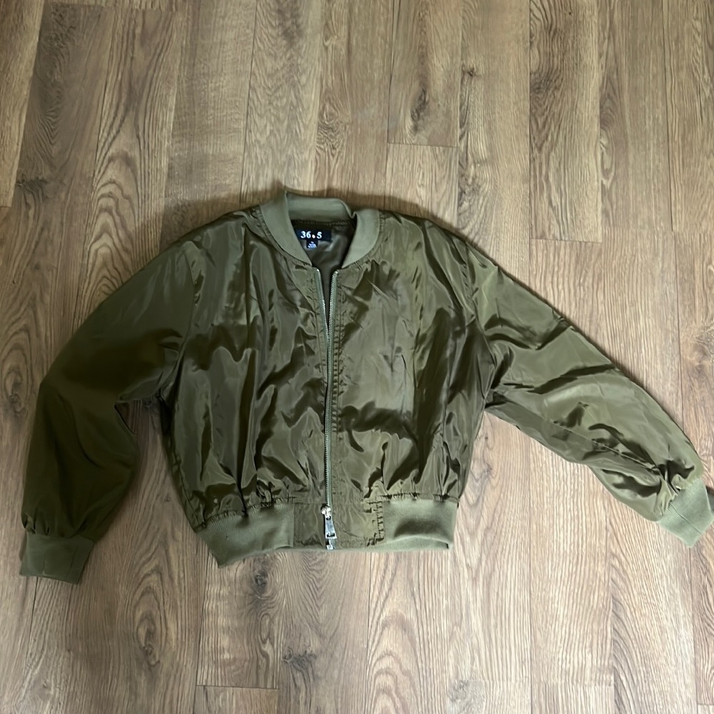 Olive cropped bomber jacket with silver hardware